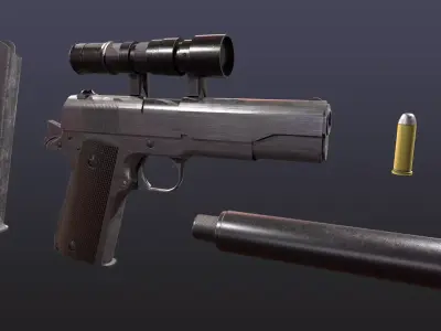 WW2 Colt M1911 Pistol With Attachments and Animations Low-poly 3D model