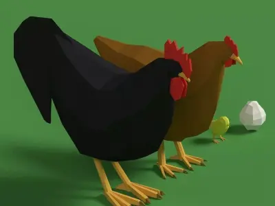 Low Poly Rooster Hen Chicken Egg Set Low-poly 3D model