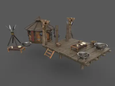 Historic Viking house with courtyard PBR low-poly 3D model Low-poly 3D model