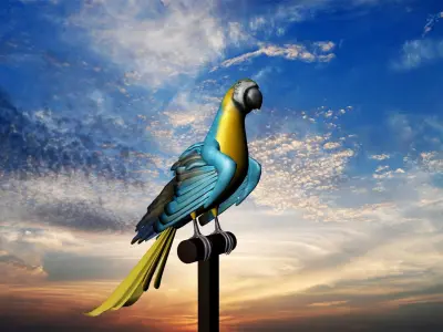 3d Bird model parrot perched on pole at sunset Low-poly 3D model