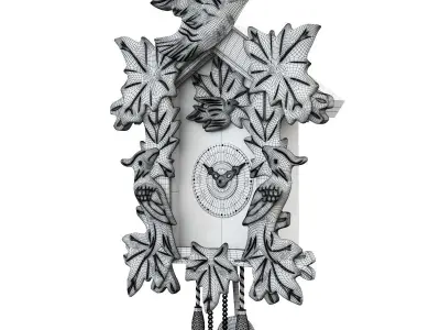 Clock wooden cuckoo with birds and leaves 3D model