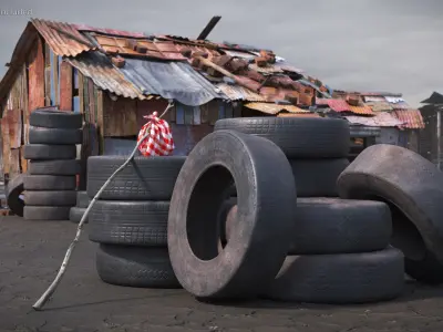 Abandoned Tire Stack With Travelers Bindle 3D model