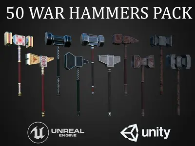 50 War hammers pack Low-poly 3D model