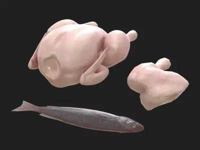 Meat 14 Piece Set - Steak Sausage Rib Fish Chicken Low-poly 3D model