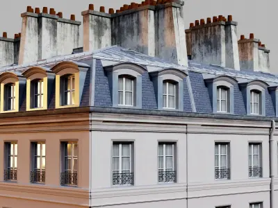 Parisian building with awnings Low-poly 3D model