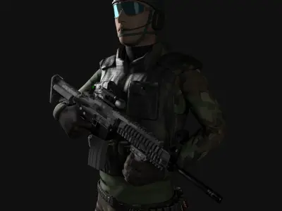 Soldier in camouflage holding rifle Low-poly 3D model