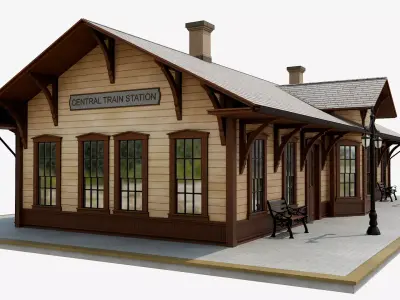 Vintage Wooden Train Station Low-poly 3D model