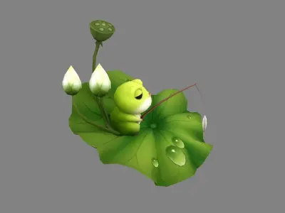 Cartoon Frog fishing on lotus leaf Low-poly 3D model
