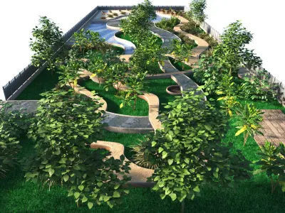 Low poly Rectangular Park Garden 3D Model Low-poly 3D model