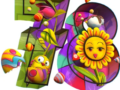 Cartoon 3D illustration Number 7 8 Bird Flower Low-poly 3D model