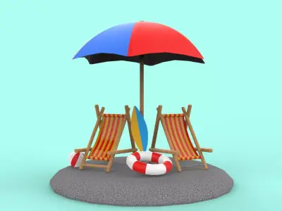 beach chair and umbrella Low-poly 3D model
