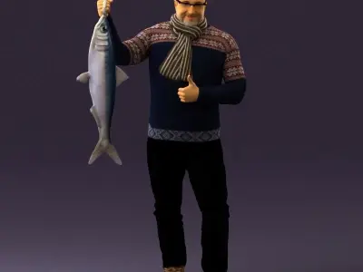 Cozy beard man in glasses with fish 0963 3D model