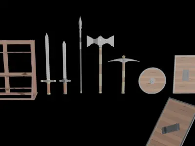 Low Poly Weapons wooden display of swords and axes Low-poly 3D model