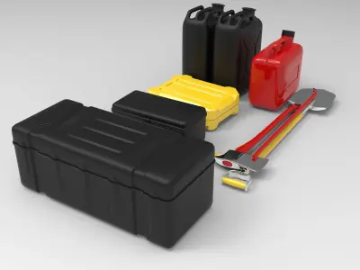 Off-Road Accessories Shovel Axe Jerry Cans Storage Boxes 3D model