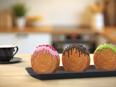 Round Croissant Pastry with Three Glazed Flavors on Tray 3D model