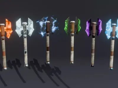 Set of 6 Elemental Double Bit Axe 01 - Fantasy weapon Low-poly 3D model