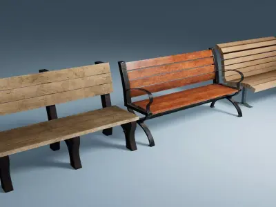 Wooden Street Park Bench Collection 3 Variations Bundle Pack 3D model