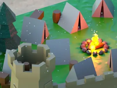 Isometric low-poly medieval castle wall Low-poly 3D model