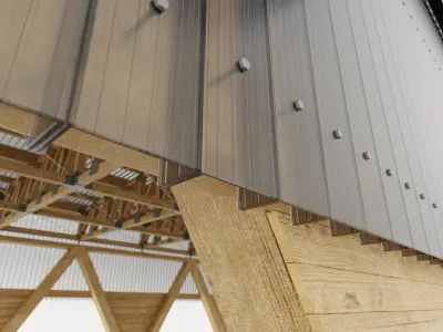 Industrial wooden truss hall - calculated 3D model