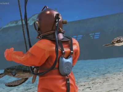 Vintage Deep Sea Diver Suit and Turtles 3D model