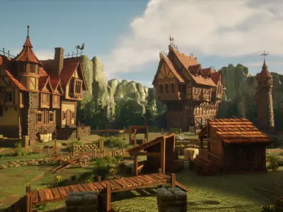 STYLIZED MEDIEVAL BUILDING ENVIRONMENT SCENE WITH ALL THE ASSET Low-poly 3D model