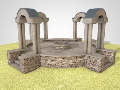 Pavilion circular stone structure on grassy field Low-poly 3D model