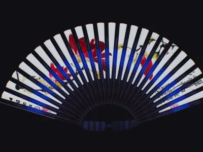 Paper Hand Fan White with Red Flower Asian War Plumage Plume Low-poly 3D model