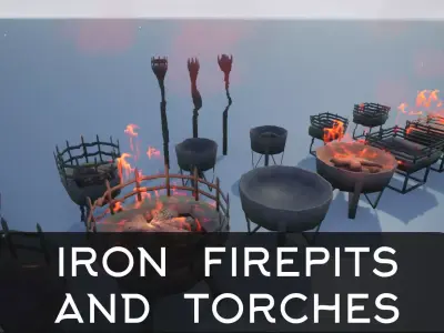Medieval Iron Firepit and Torch Low-poly 3D model