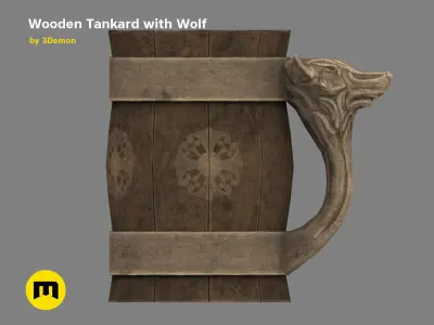 Wooden Historic Tankard with Wolf Low-poly 3D model