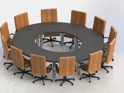 Modern Circular Conference Table with Wood-Finish Office Chairs 3D model