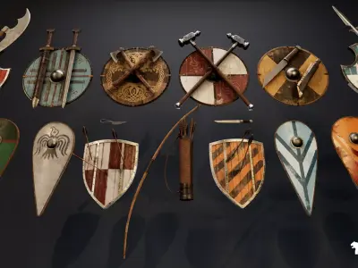 Medieval Viking Weapons and Shields Set Low-poly 3D model