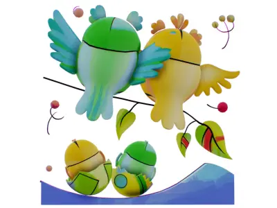 Owl Family Scenery - Owls Famillar Bird Animal - Chick Baby Low-poly 3D model