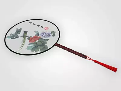 Chinese Traditional Palace Hand Fan - Flower and Bird Painting 3D model