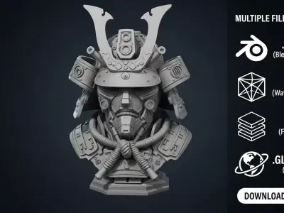 Cyberpunk Mecha Samurai Bust Detailed 3D Print STL 3D print model