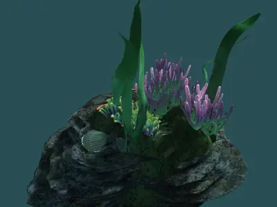 Coral rock with seaweed and starfish 3D model
