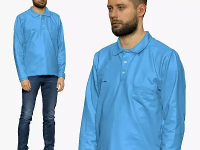 001296 man with beard in blue polo and jeans normal pose 3D model