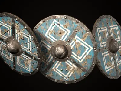Viking axe and shield with geometric ornament Low-poly 3D model