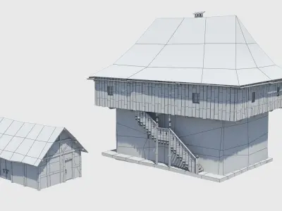 Medieval tower castle and stable Low-poly 3D model