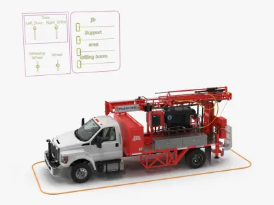 Mobile B-51 Drill Rig Truck Red Rigged 3D model