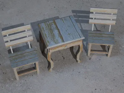 Realistic Old Vintage Wooden Chair and Table 3D model