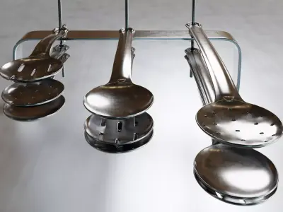 Commercial Cooking Spoons with Rack - Hanging Low-poly 3D model