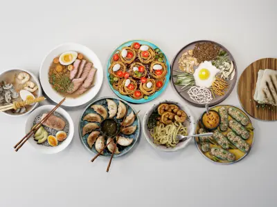 Food collection plate of spring rolls with sauce 3D model