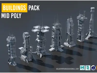 Scifi Futuristic Military buildings PACK Low-poly 3D model