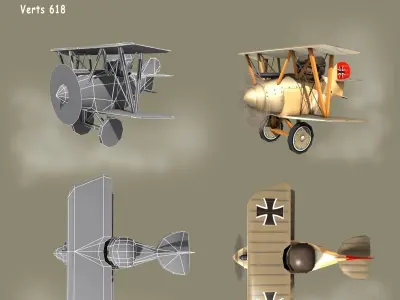 Low poly WW1 Cartoon Biplane Low-poly 3D model