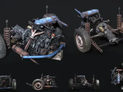 Old car engine Low-poly 3D model