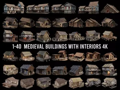 1 - 40 OLD MEDIEVAL BUILDINGS PACK 4K Textures GameReady Low-poly 3D model