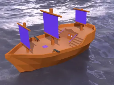 Low Poly Pirate Ship and Canon 3D Model Low-poly 3D model