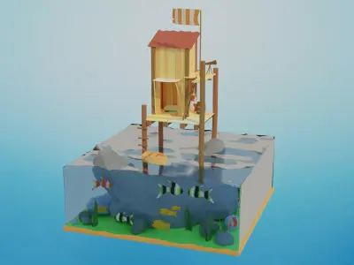 Low Poly Hut on the Ocean 3D Model Low-poly 3D model