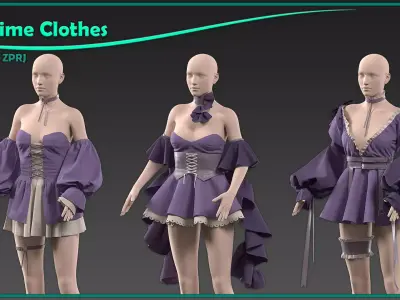 3 female anime clothes 3D model