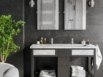  Marble &amp; Trough Bathroom Sink Cabinet Model, Black 